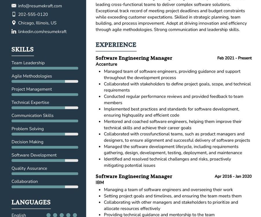 Software Engineering Manager Resume Sample