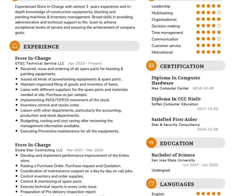 Store In-Charge CV Example