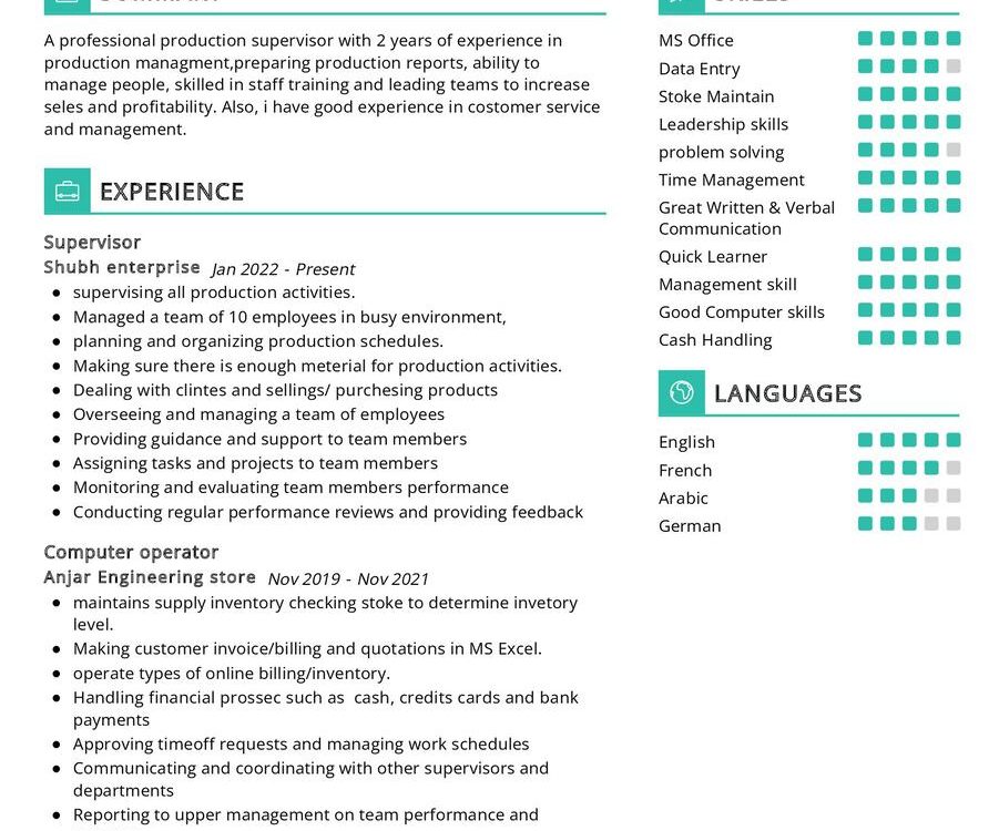 Supervisor CV Sample