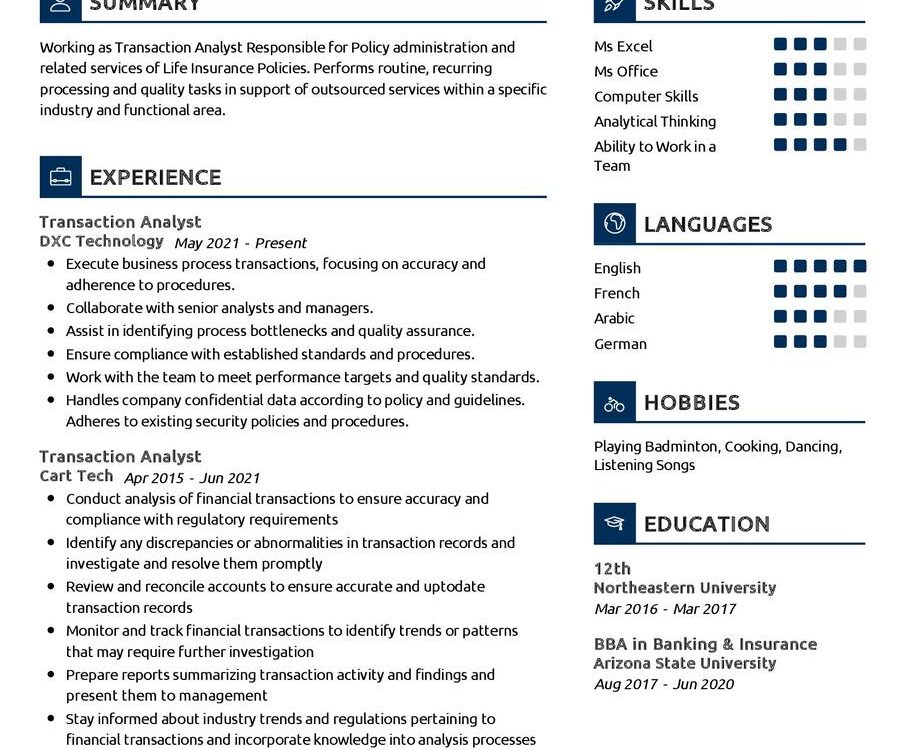 Transaction Analyst CV Sample in 2024 - ResumeKraft