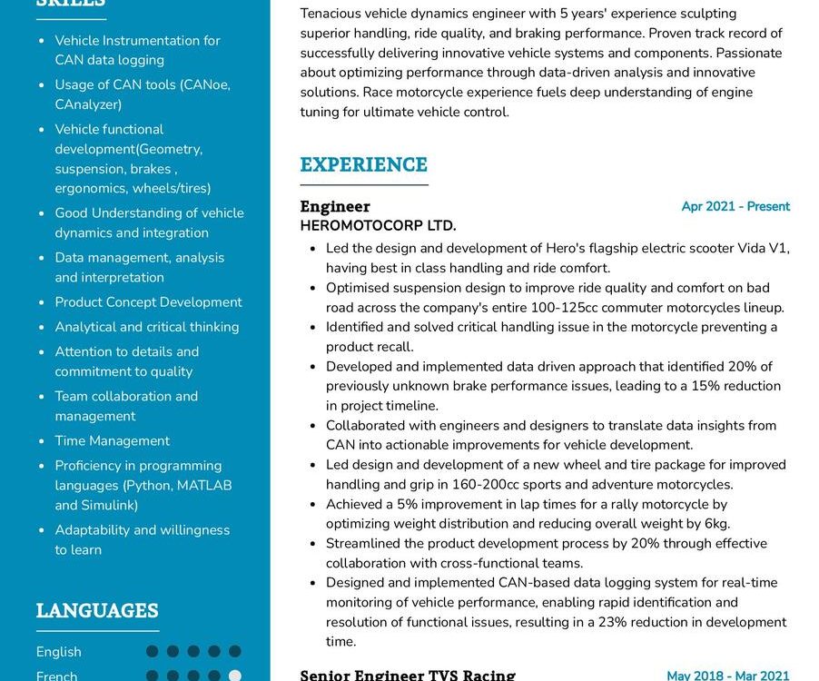 Vehicle Functional Development Engineer CV Example