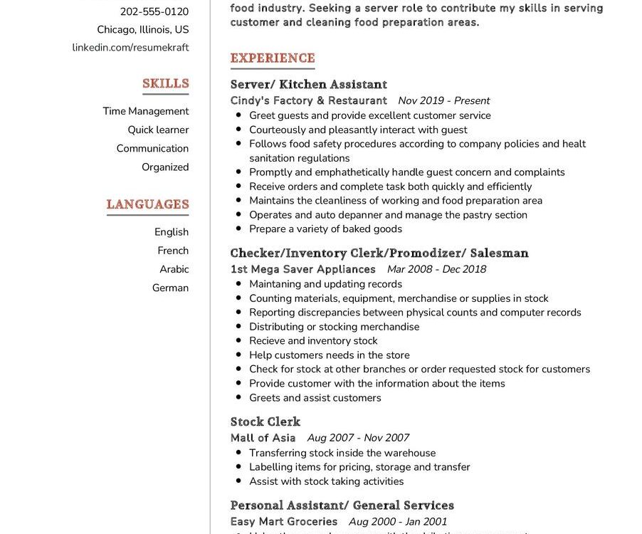 Waiter CV Example in 2024 - ResumeKraft