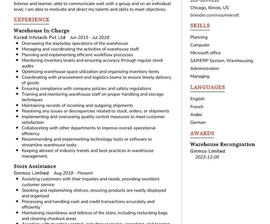 Warehouse In-Charge CV Sample