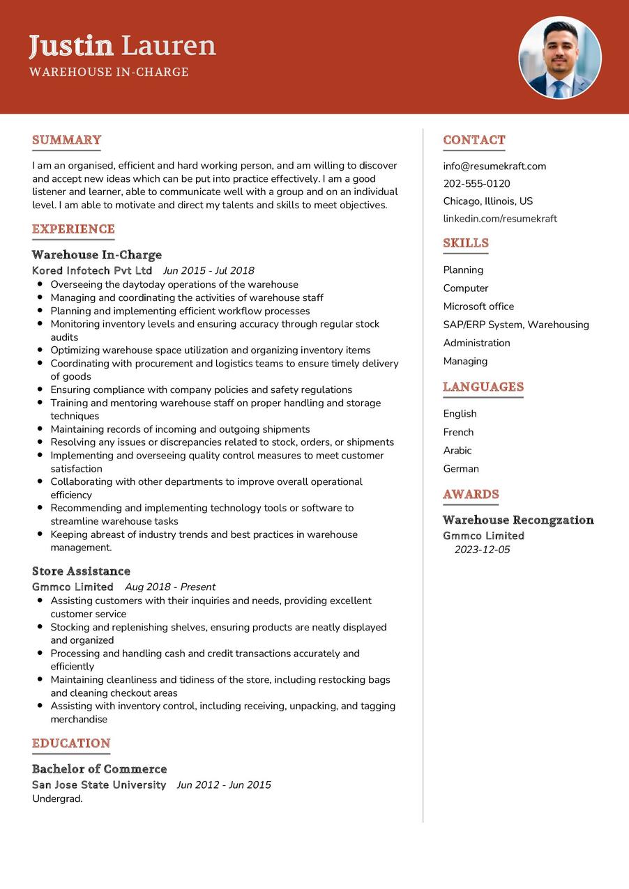 Warehouse In-Charge CV Sample in 2024 - ResumeKraft