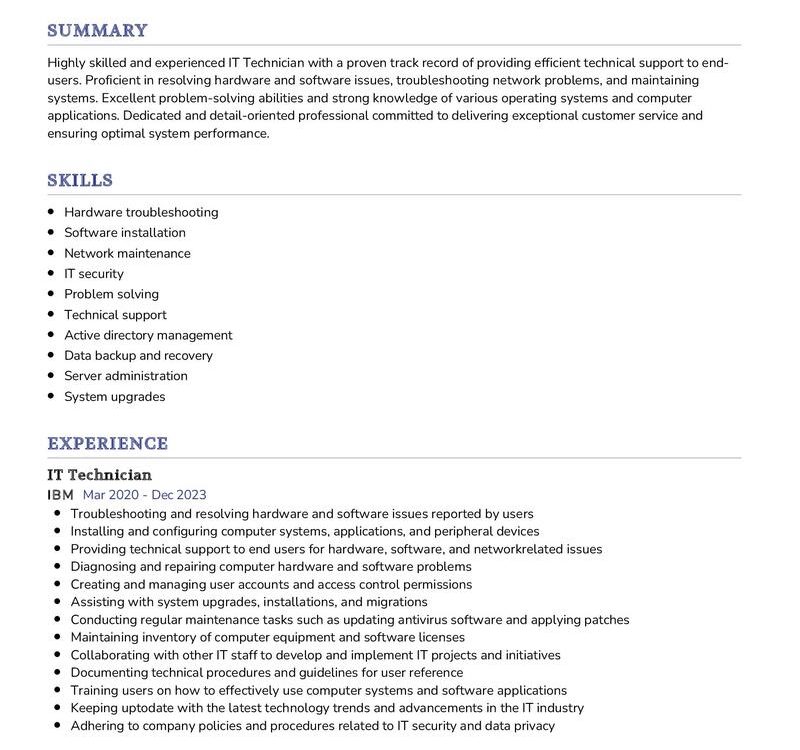 IT Technician Resume Sample In 2024 ResumeKraft   IT Technician Resume Sample 800x750 