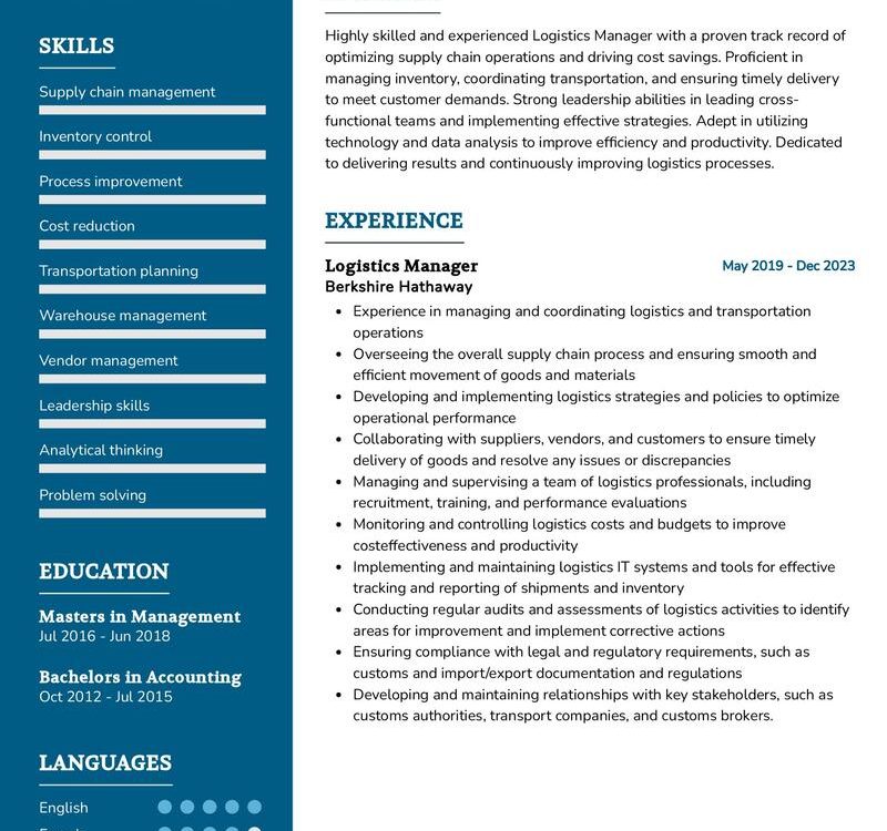Logistics Manager Resume Sample