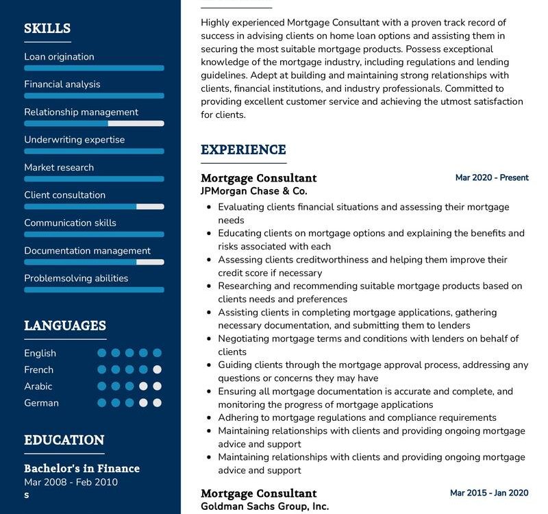 Mortgage Consultant Resume Sample