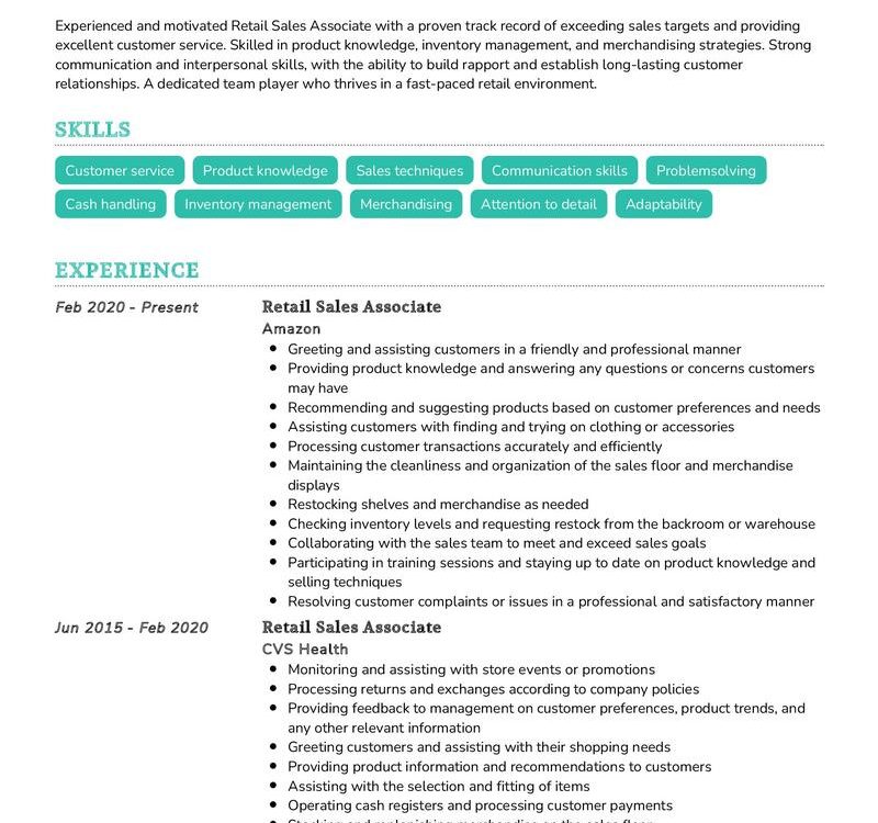 Retail Sales Associate Resume Sample