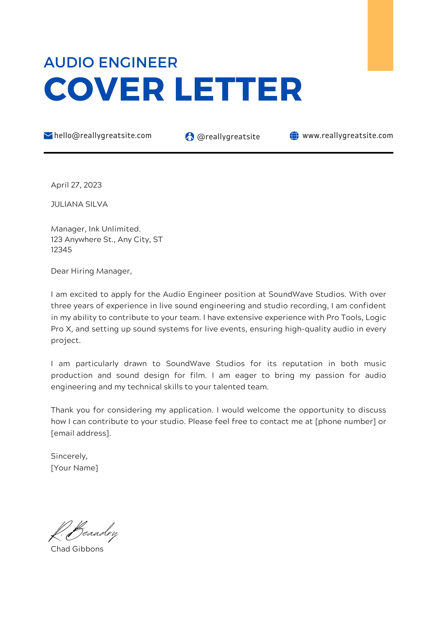 Audio Engineer Cover Letter Example