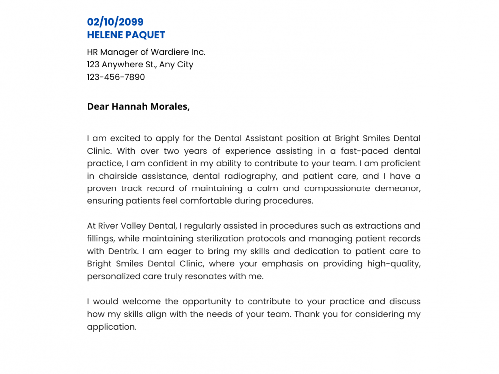 Dental Assistant Cover Letter Example