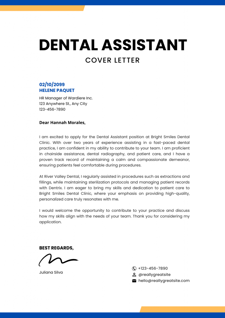 Dental Assistant Cover Letter Example