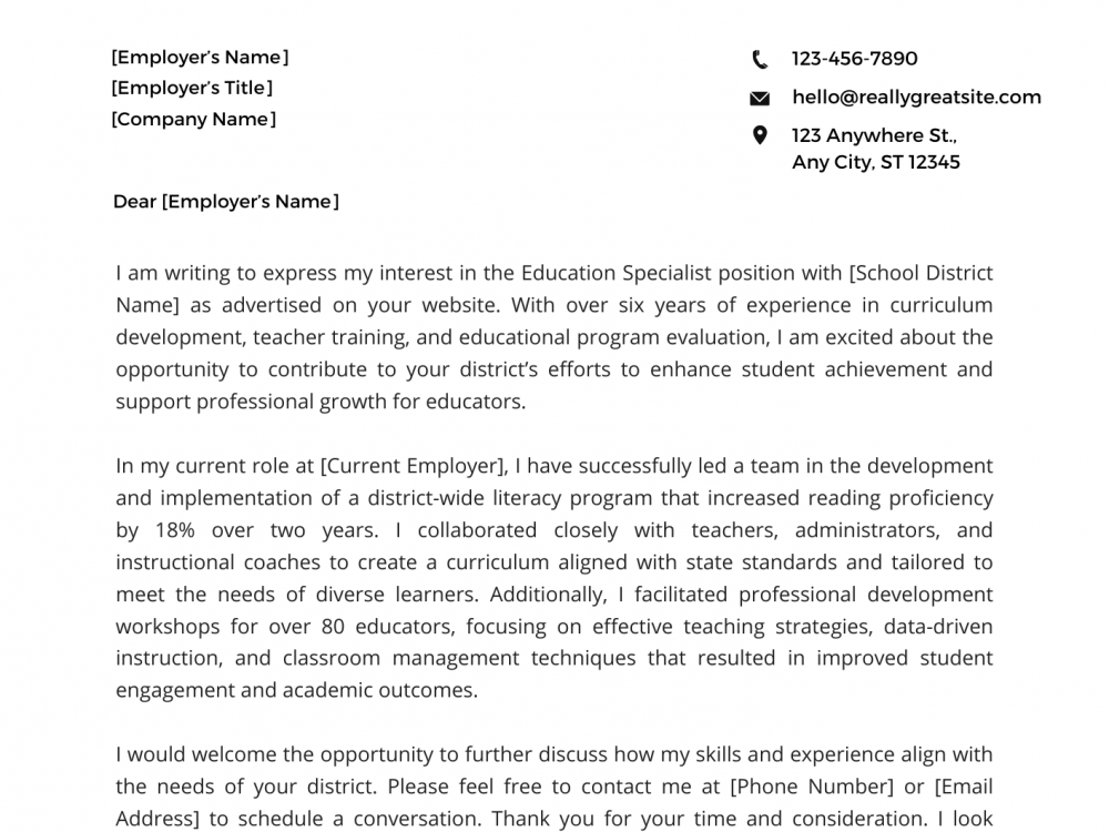 Education Specialist Cover Letter Example