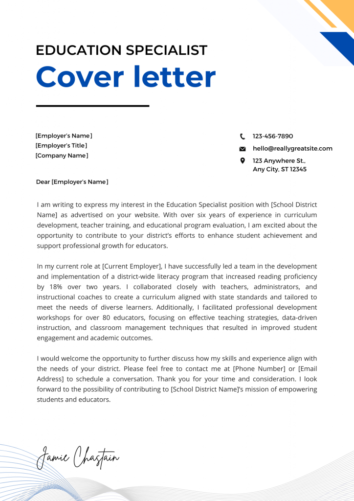 Education Specialist Cover Letter Example