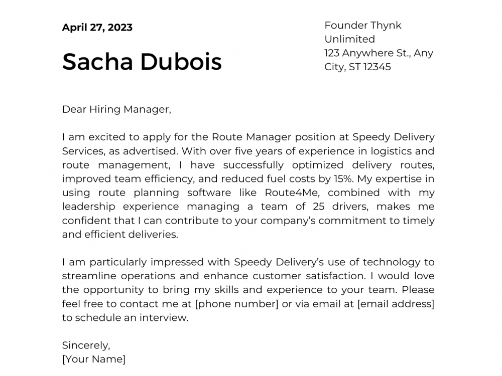 Route Manager Cover Letter Example