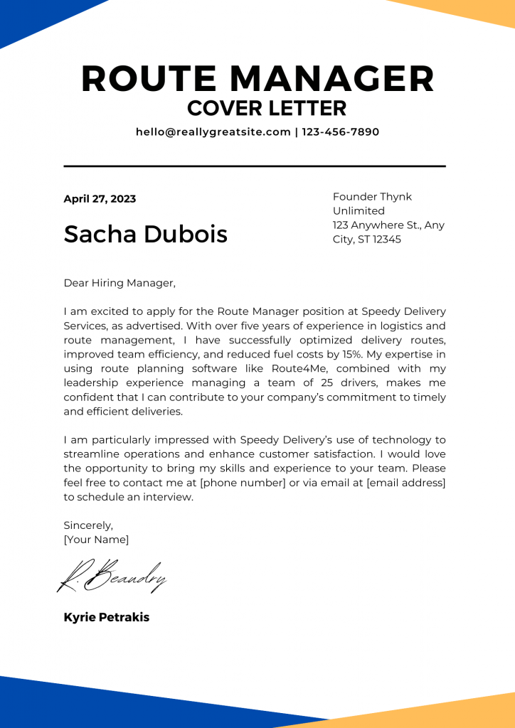 Route Manager Cover Letter Example