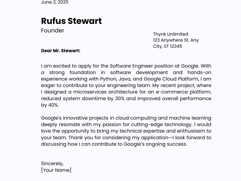 Software Engineer (SWE) Cover Letter Example for Google