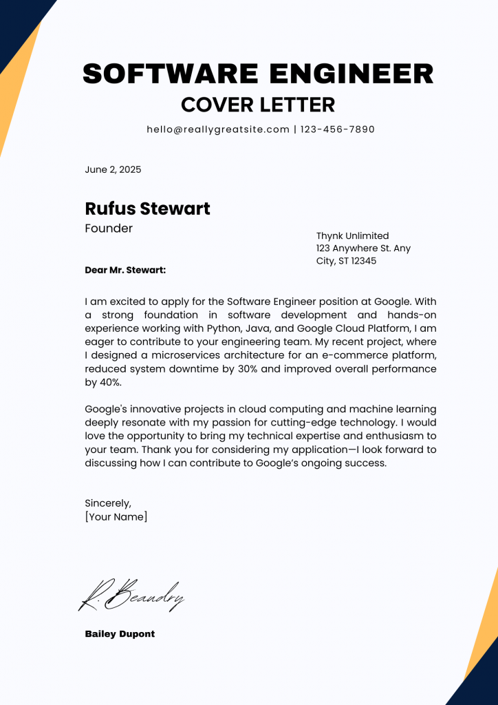 Software Engineer (SWE) Cover Letter Example for Google