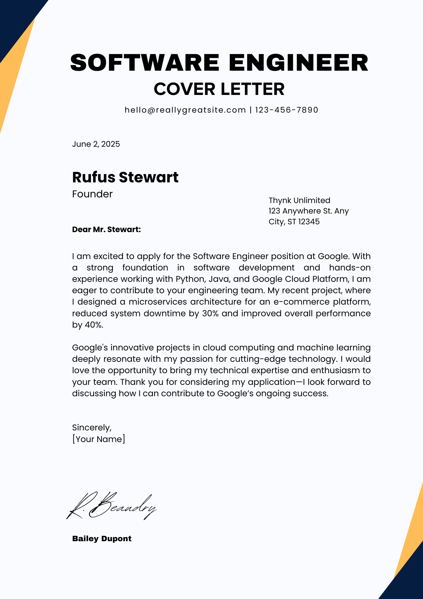 Software Engineer (SWE) Cover Letter Example for Google