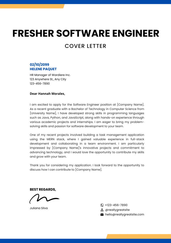 cover letter for fresher software engineer