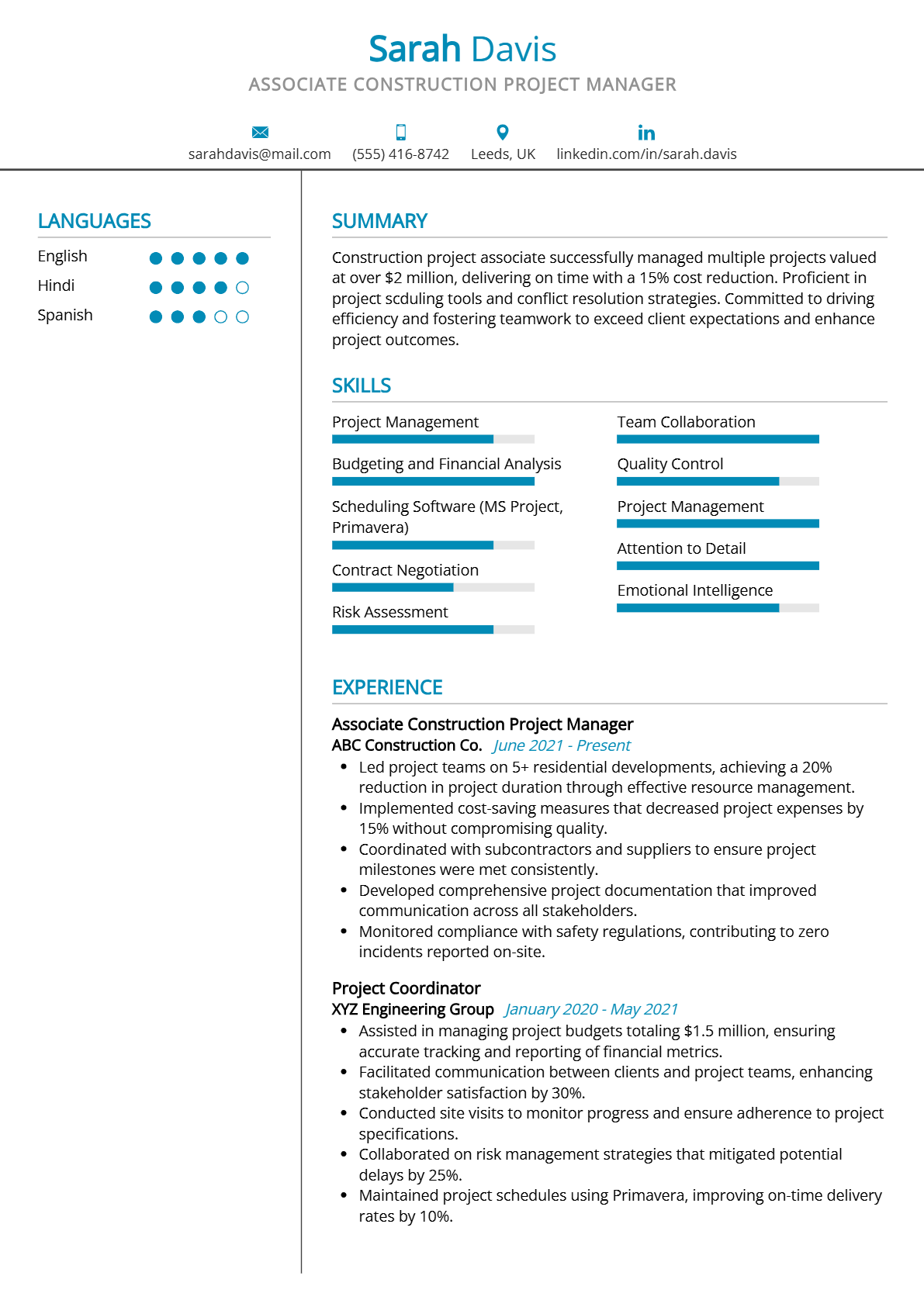 Associate Construction Project Manager Resume - Resume Sample
