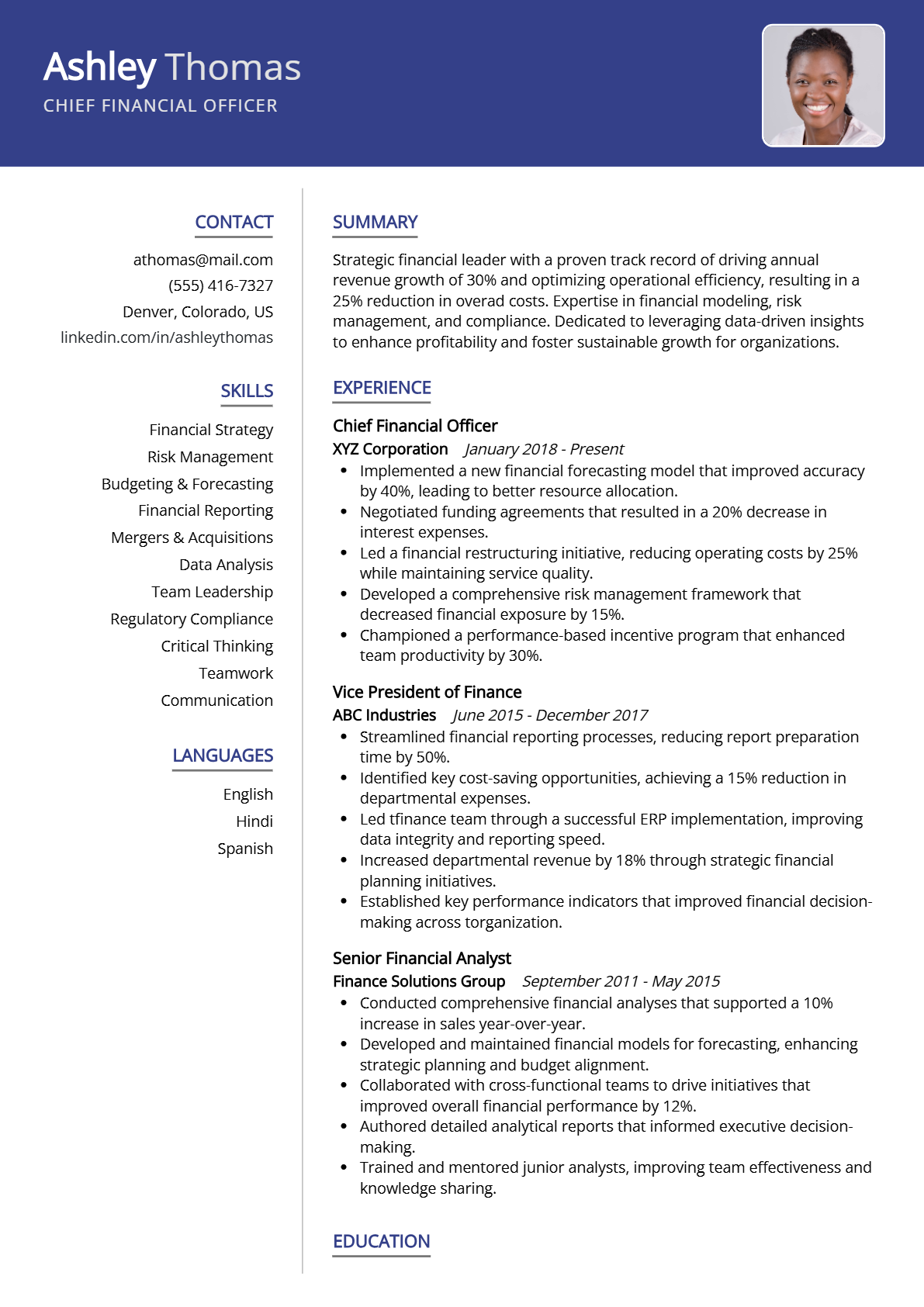 Chief Financial Officer Resume - Resume Sample