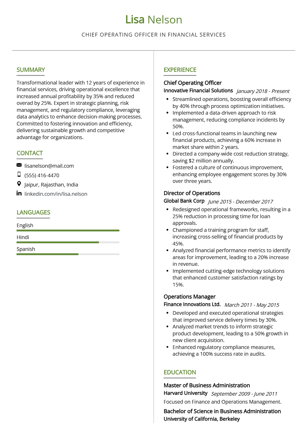 Chief Operating Officer in Financial Services Resume - Resume Sample
