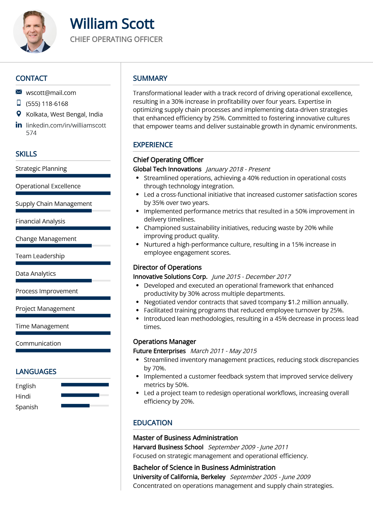 Chief Operating Officer Resume - Resume Sample