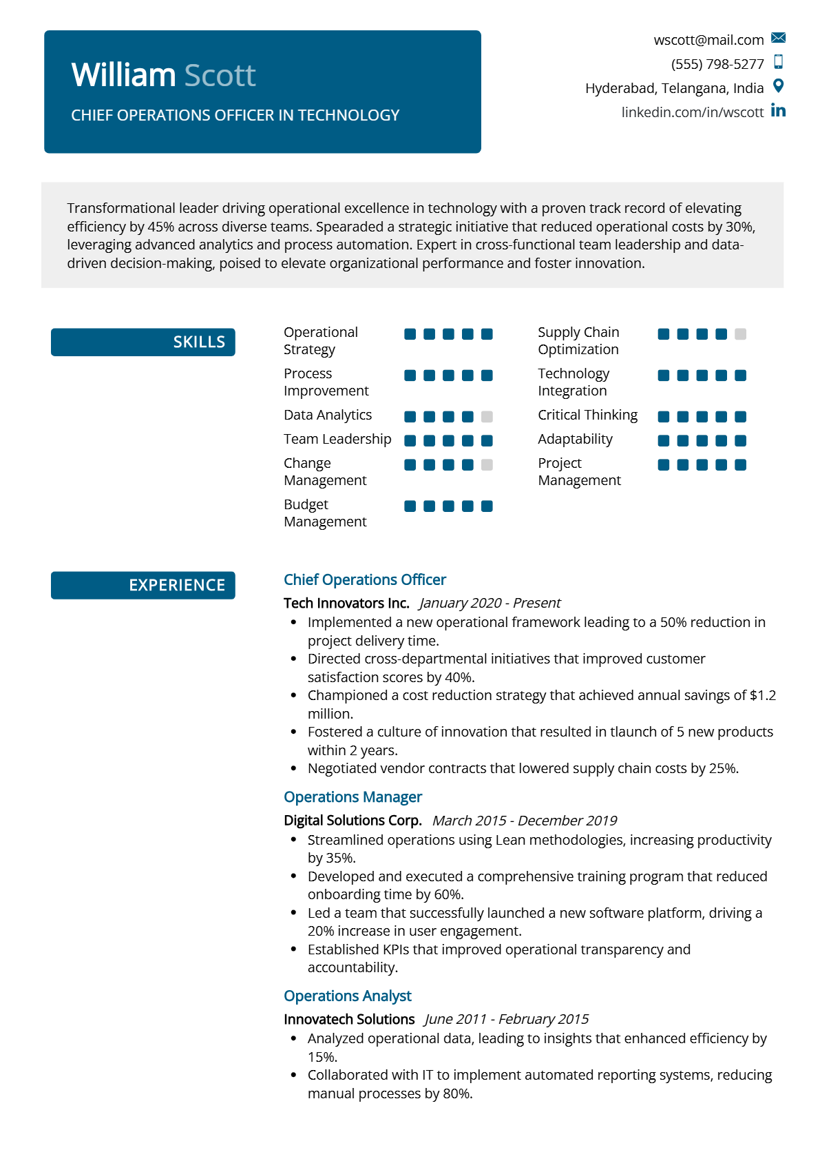 Chief Operations Officer in Technology Resume - Resume Sample