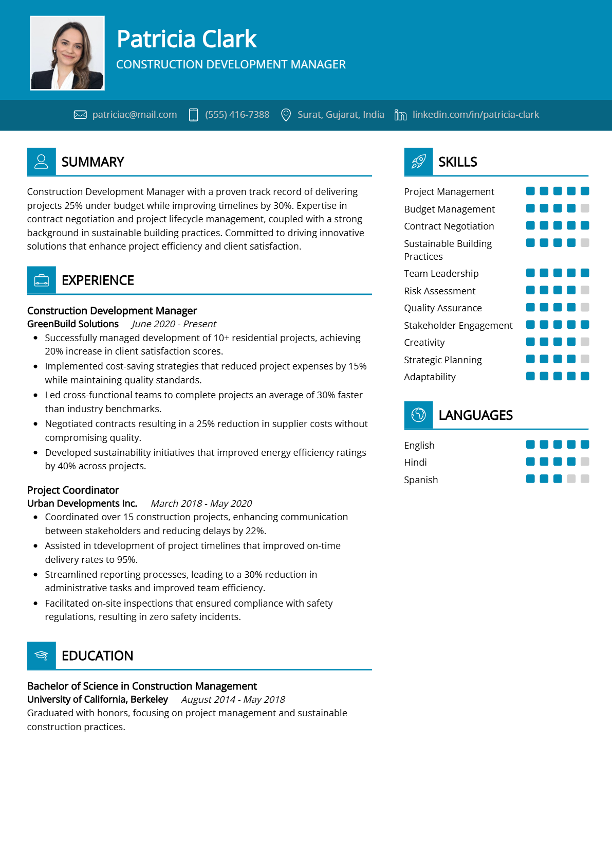 Construction Development Manager Resume - Resume Sample