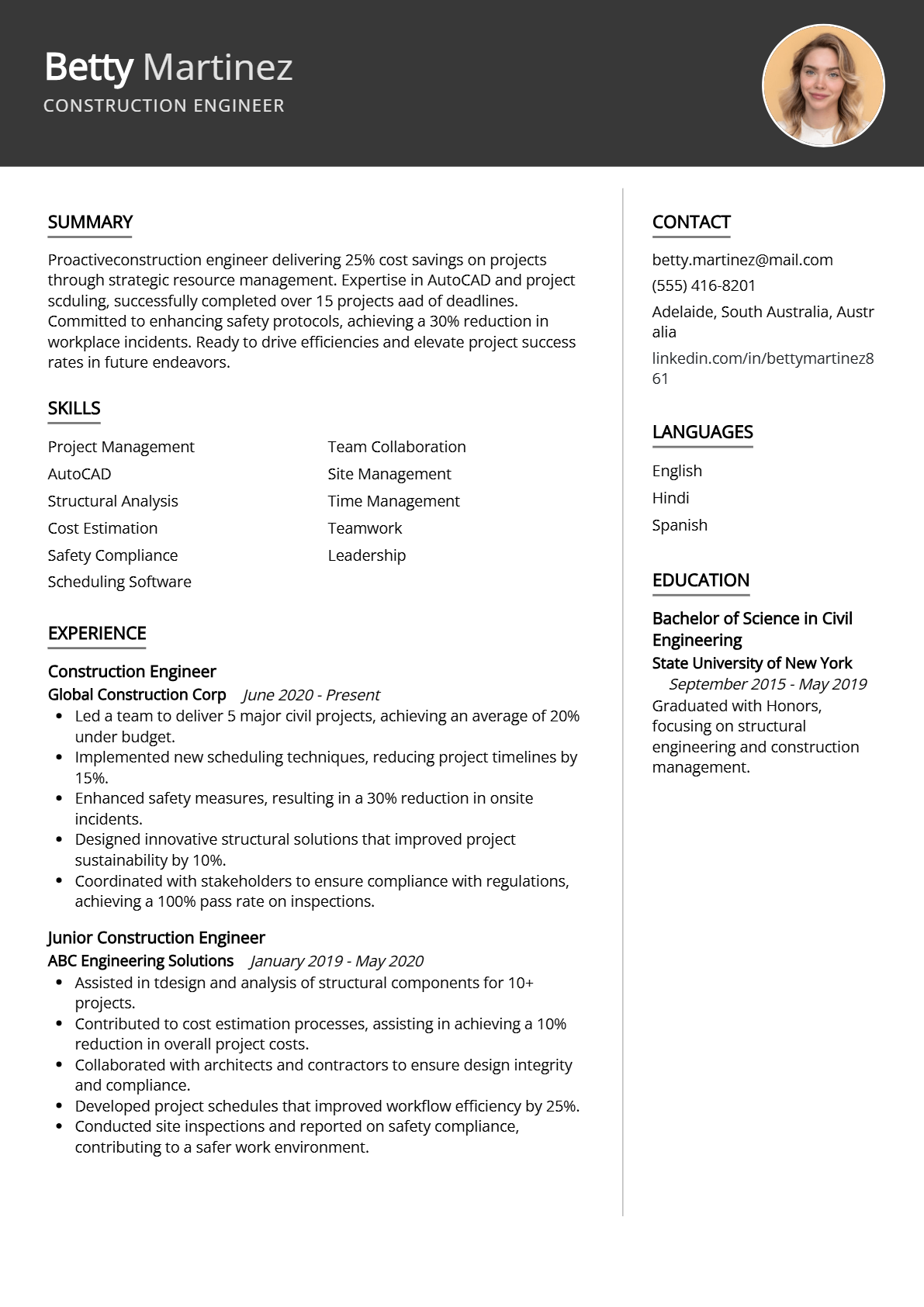 Construction Engineer Resume - Resume Sample