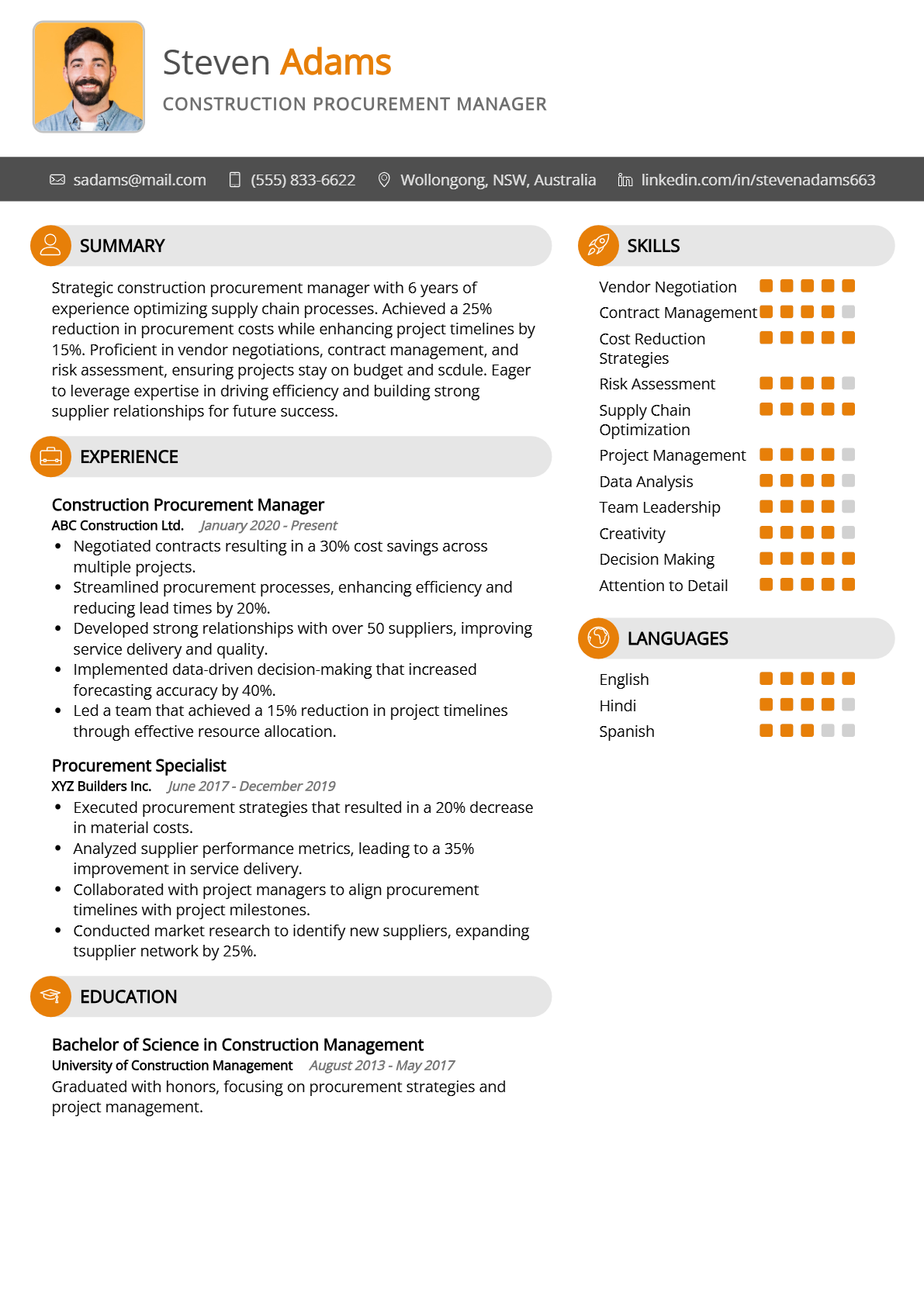 Construction Procurement Manager Resume - Resume Sample