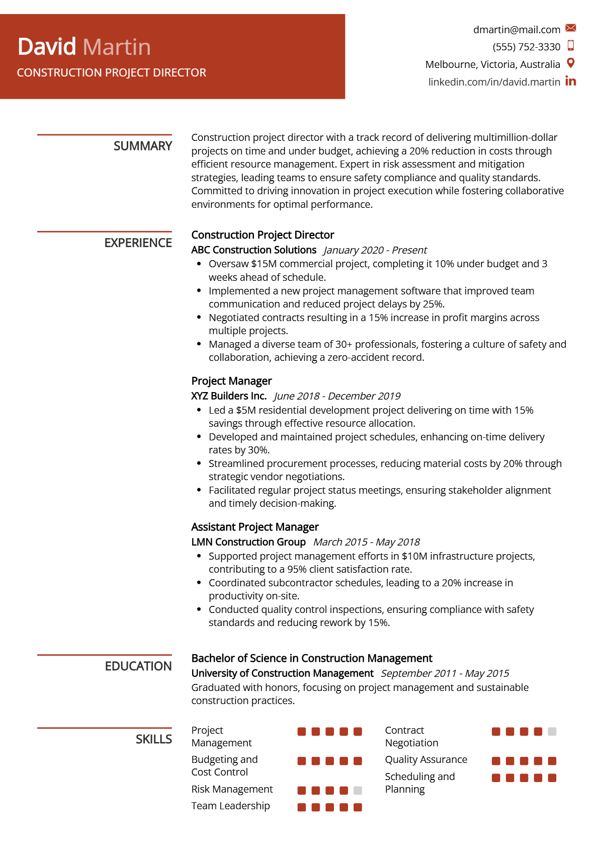 Construction Project Director Resume - Resume Sample