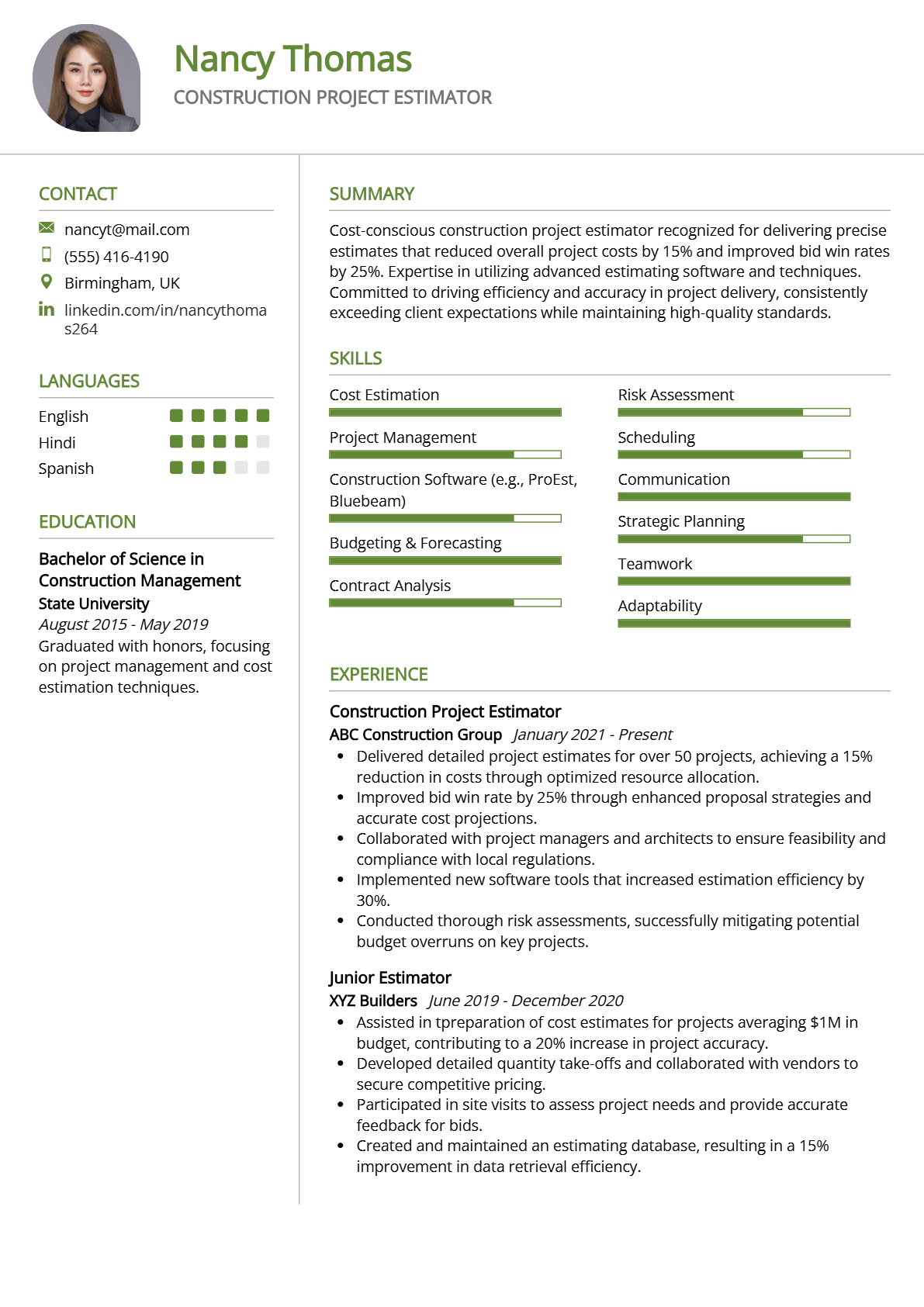 Construction Project Estimator Resume - Resume Sample