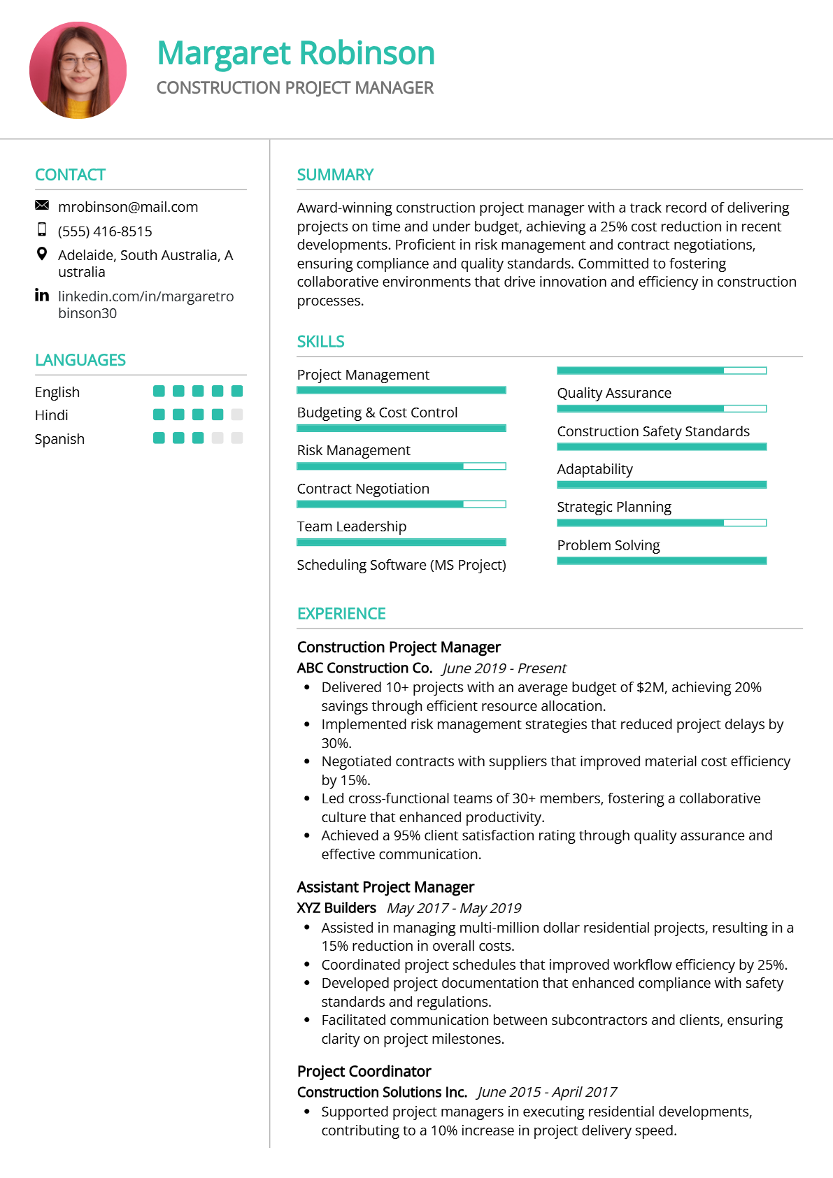 Construction Project Manager Resume - Resume Sample