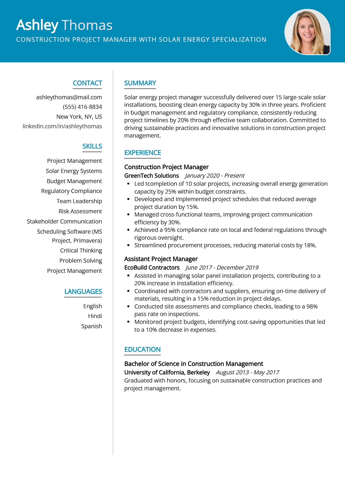 Construction Project Manager with Solar Energy Specialization Resume - Resume Sample