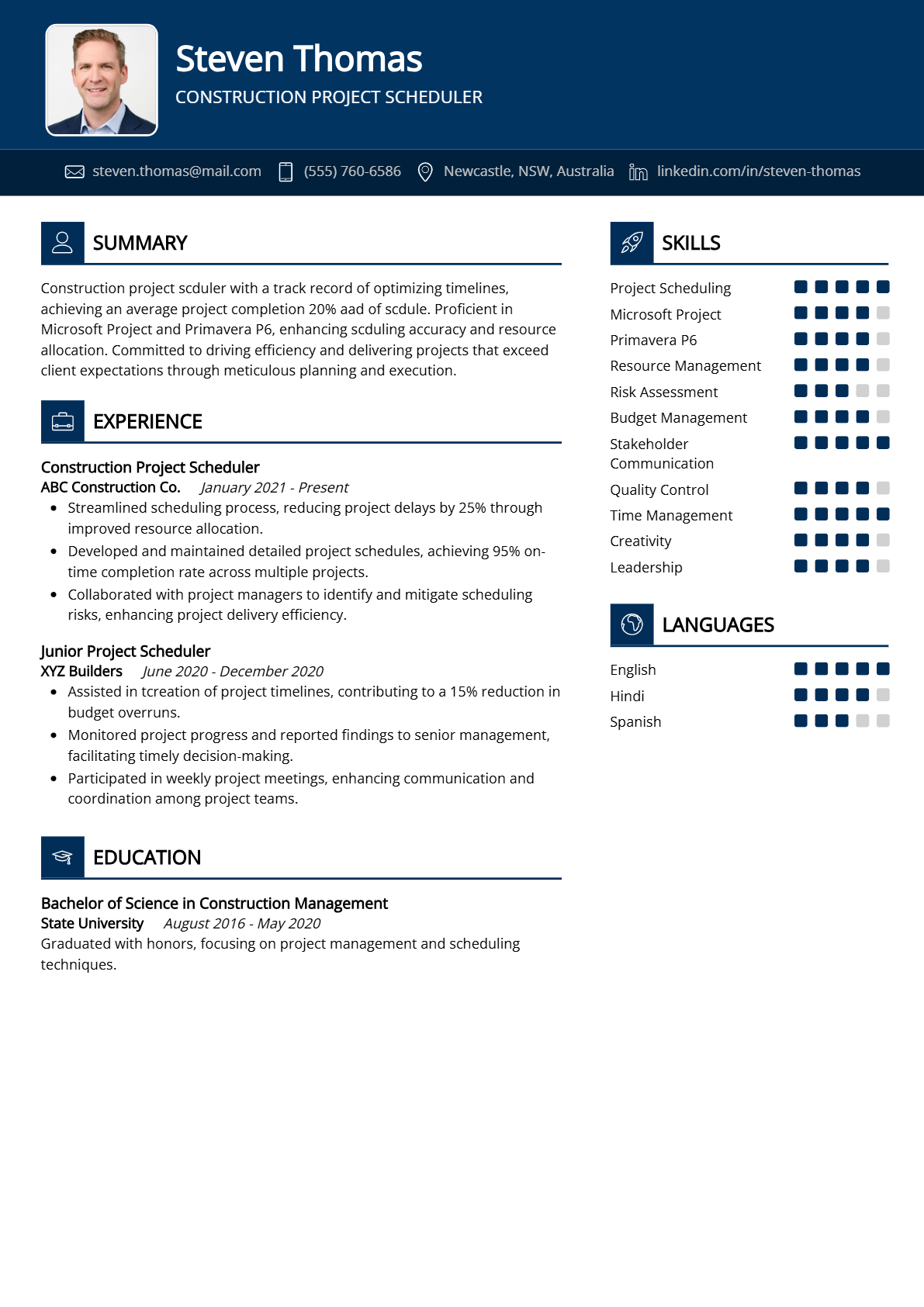 Construction Project Scheduler Resume - Resume Sample
