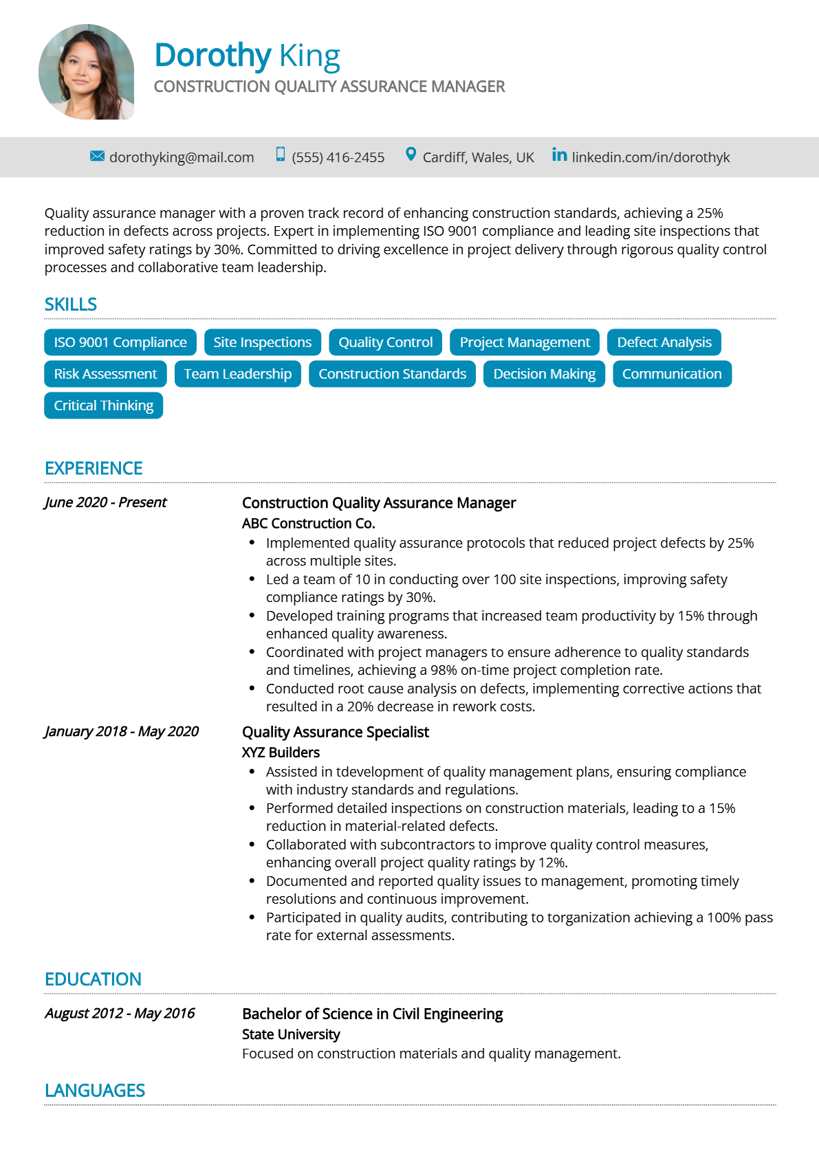Construction Quality Assurance Manager Resume - Resume Sample