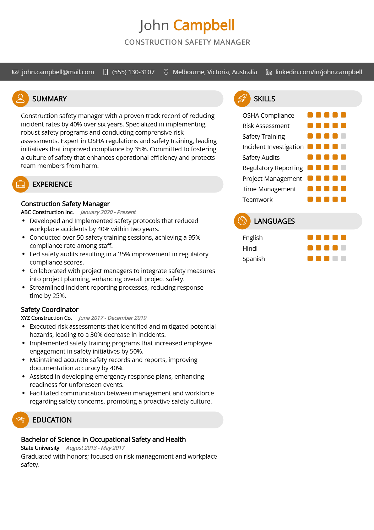 Construction Safety Manager Resume - Resume Sample