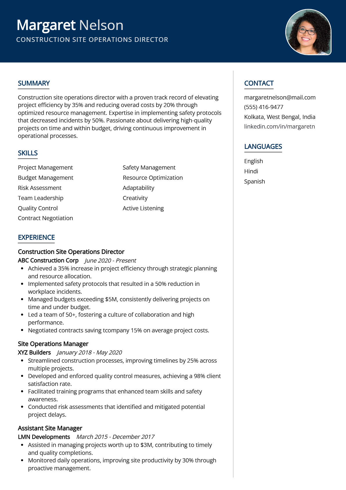 Construction Site Operations Director Resume - Resume Sample