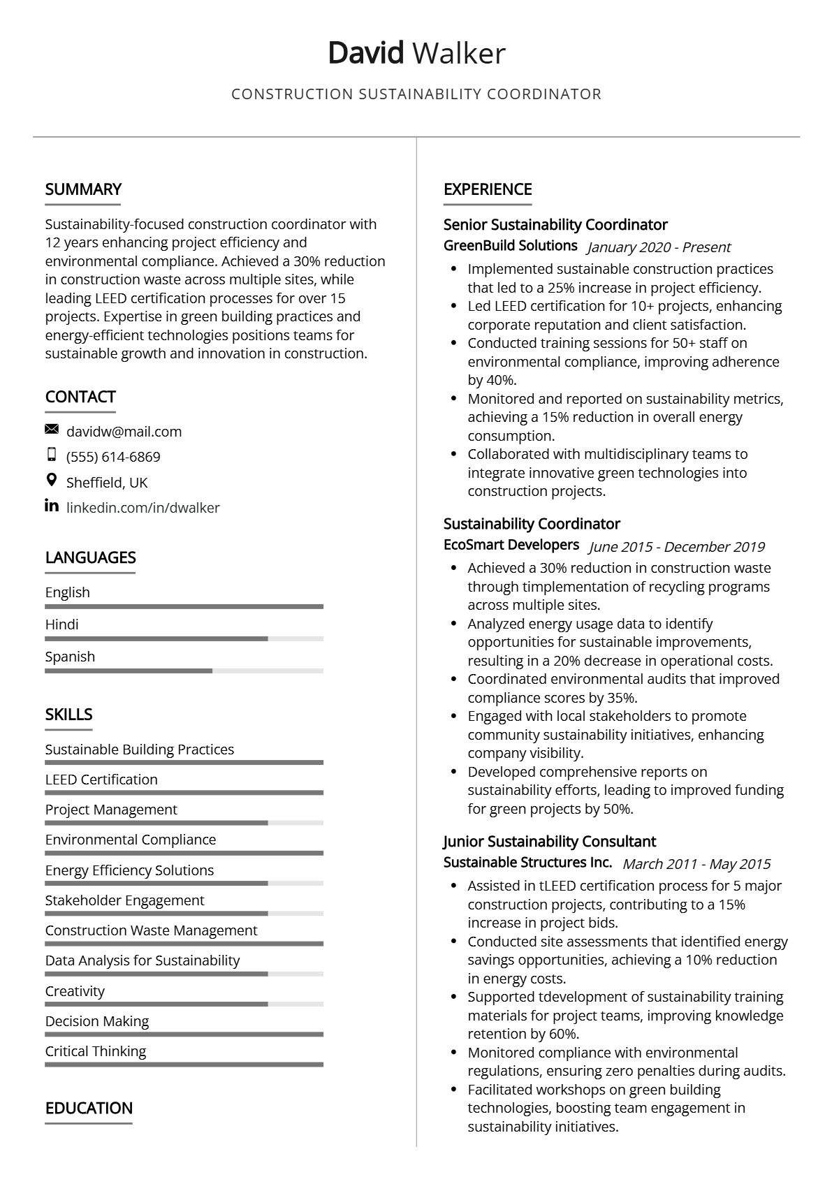 Construction Sustainability Coordinator Resume - Resume Sample