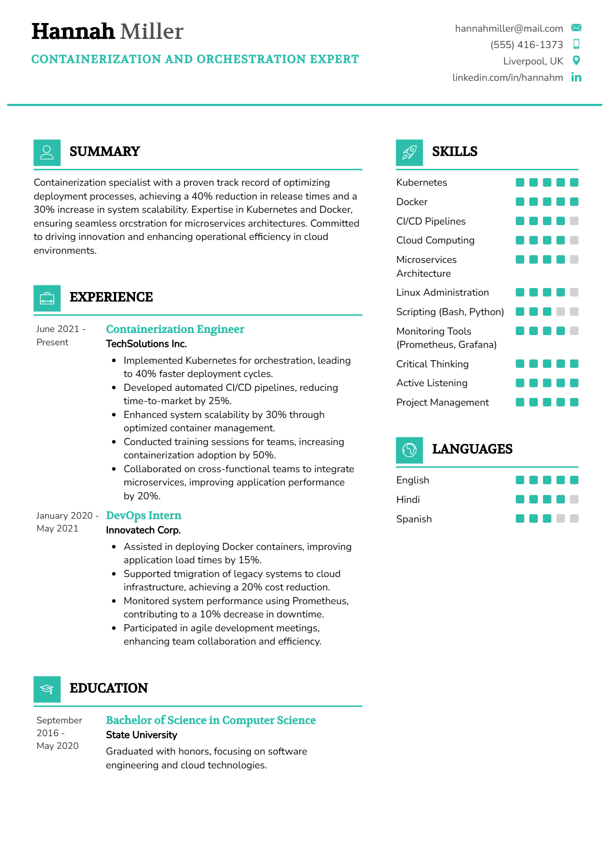 Containerization and Orchestration Expert Resume - Resume Sample