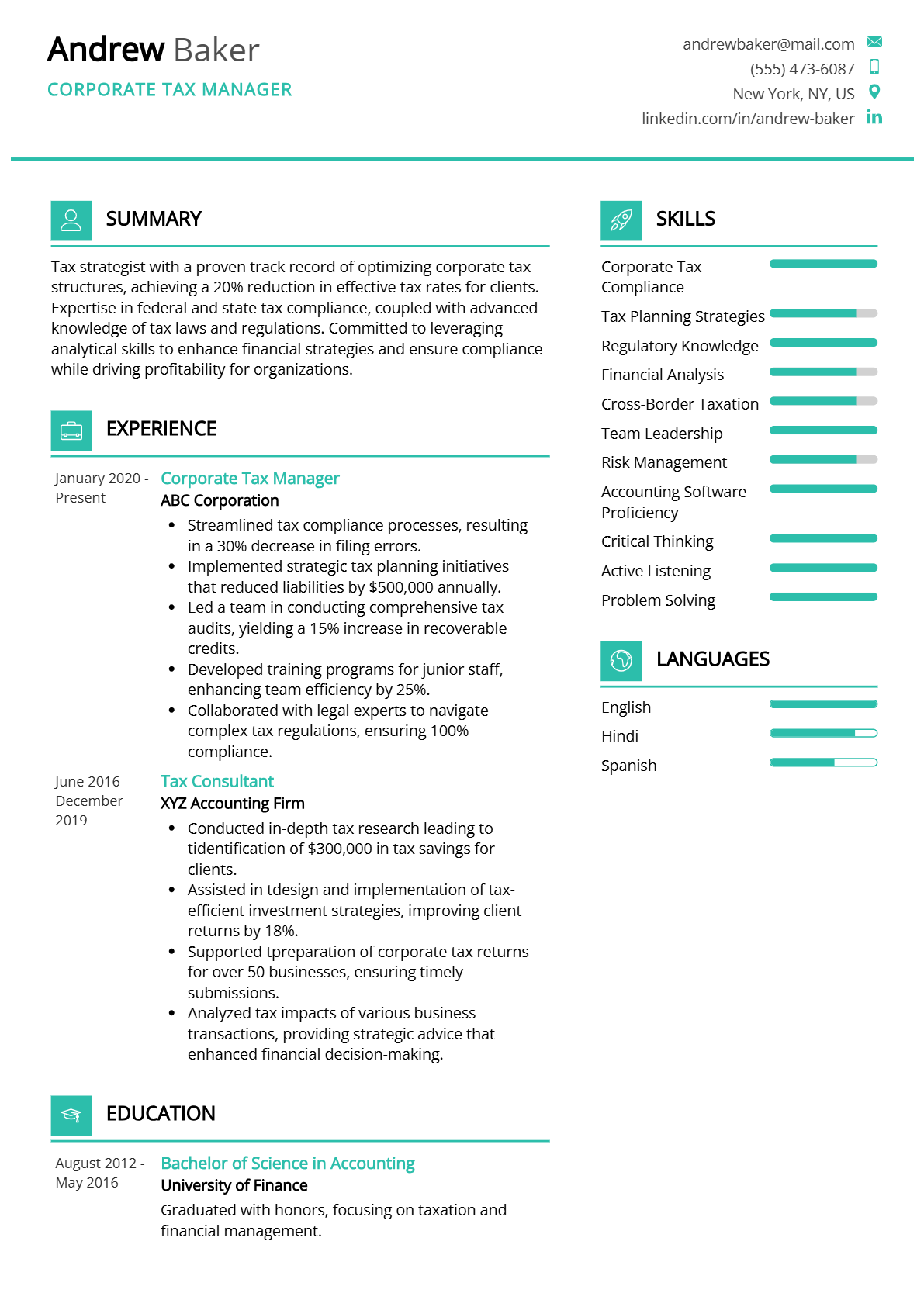 Corporate Tax Manager Resume - Resume Sample