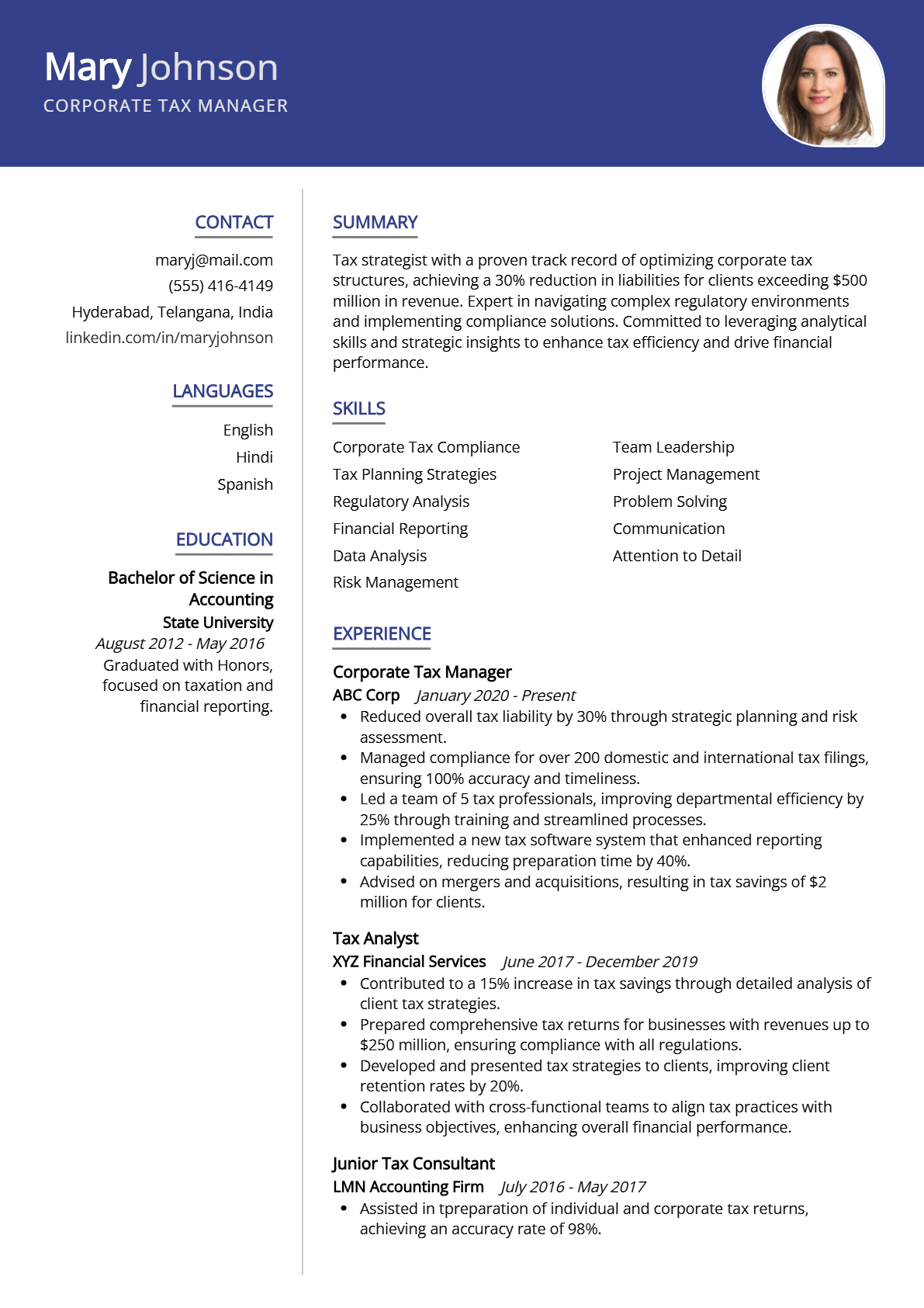 Corporate Tax Manager Resume - Resume Sample