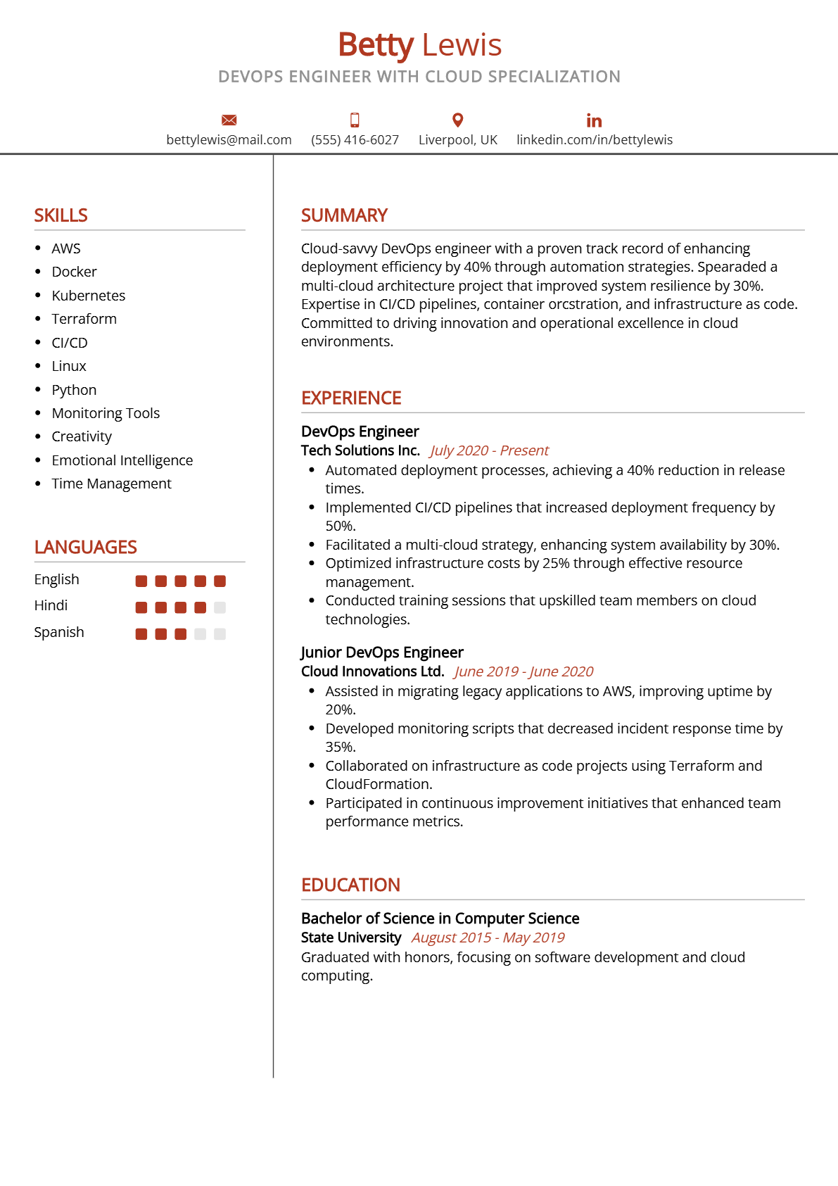 DevOps Engineer with Cloud Specialization Resume - Resume Sample
