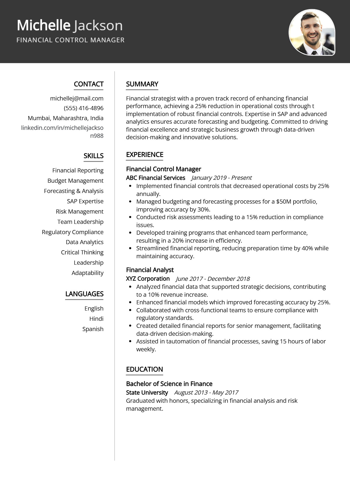 Financial Control Manager Resume - Resume Sample