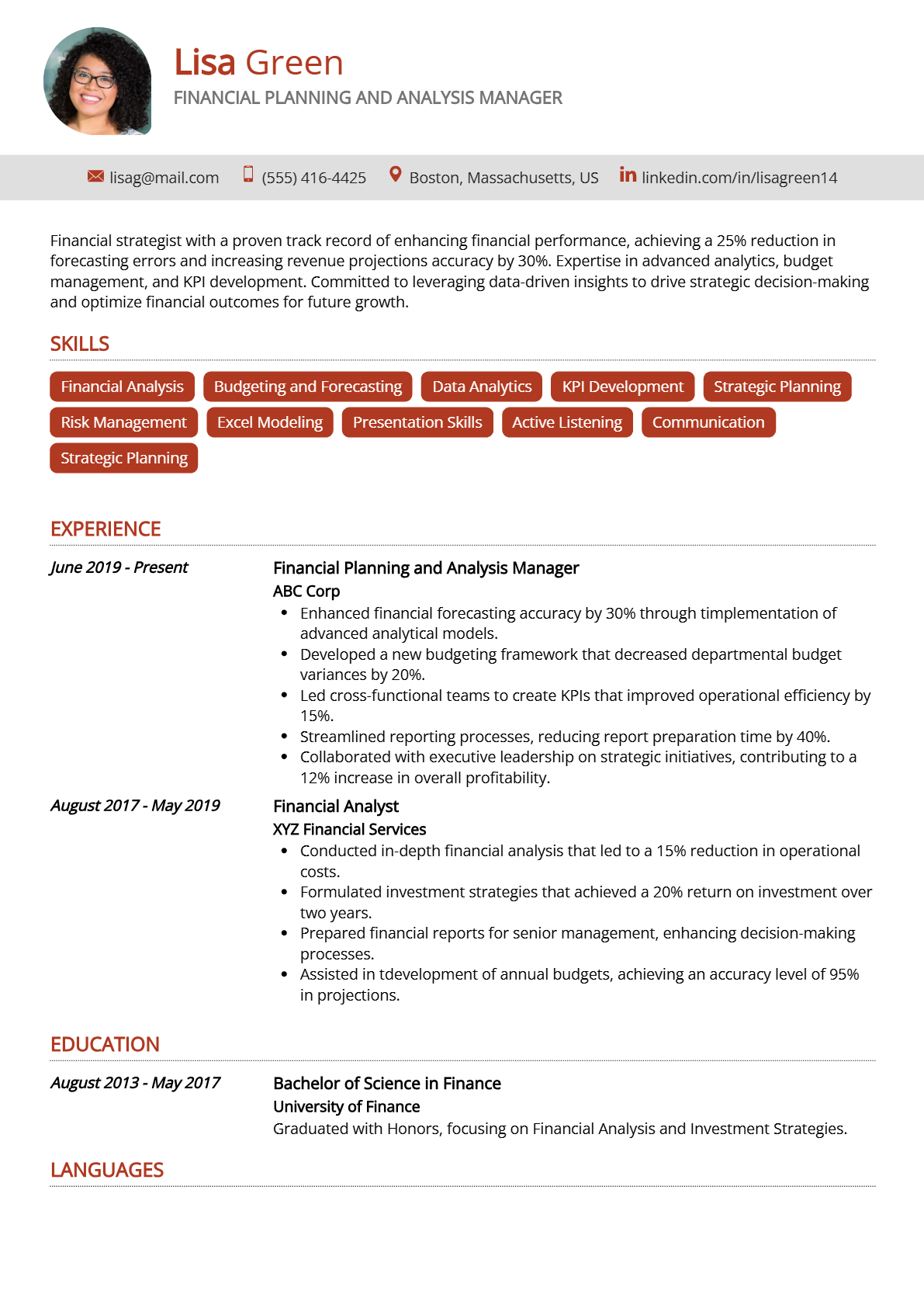 Financial Planning and Analysis Manager Resume - Resume Sample