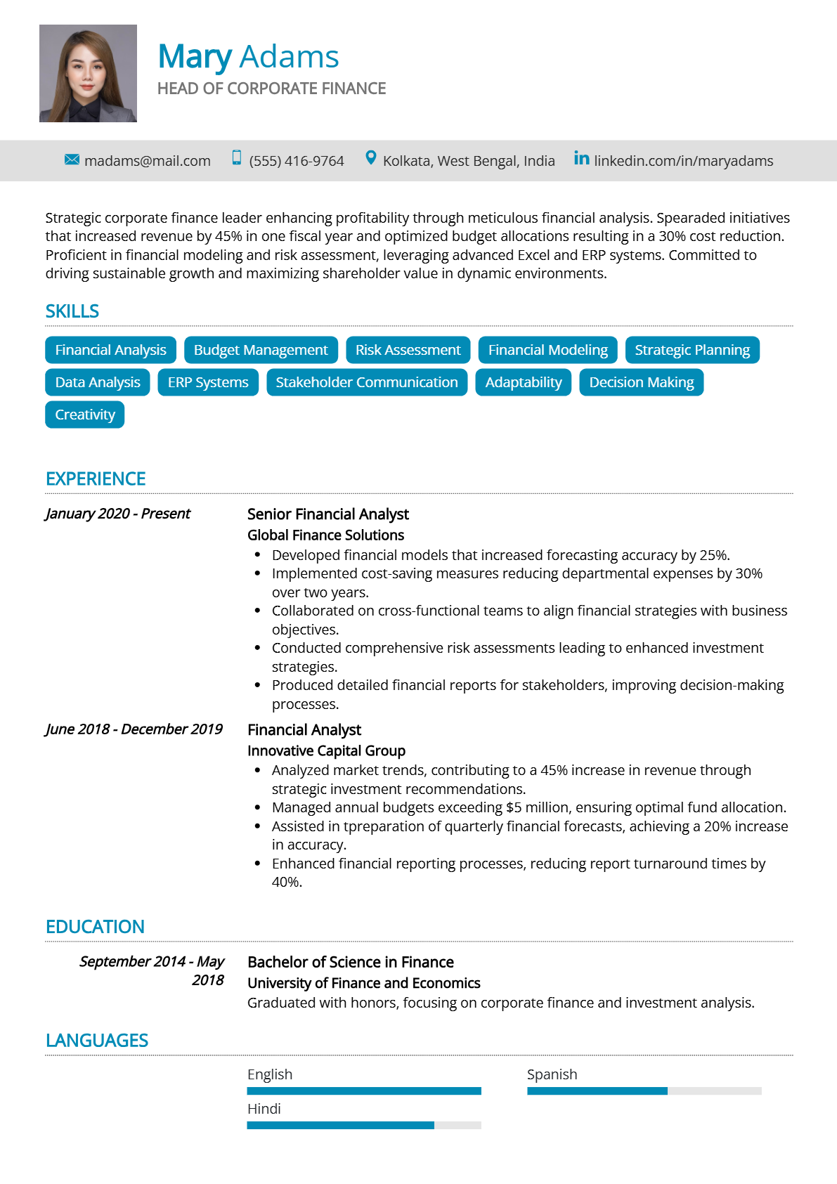 Head of Corporate Finance Resume - Resume Sample