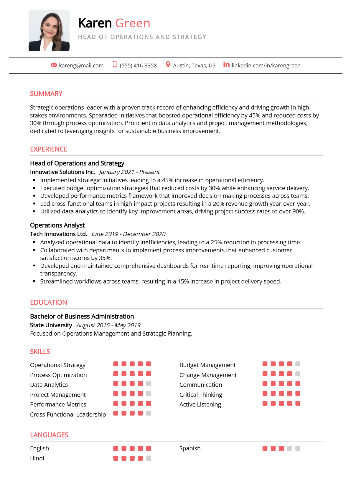 Head of Operations and Strategy Resume - Resume Sample
