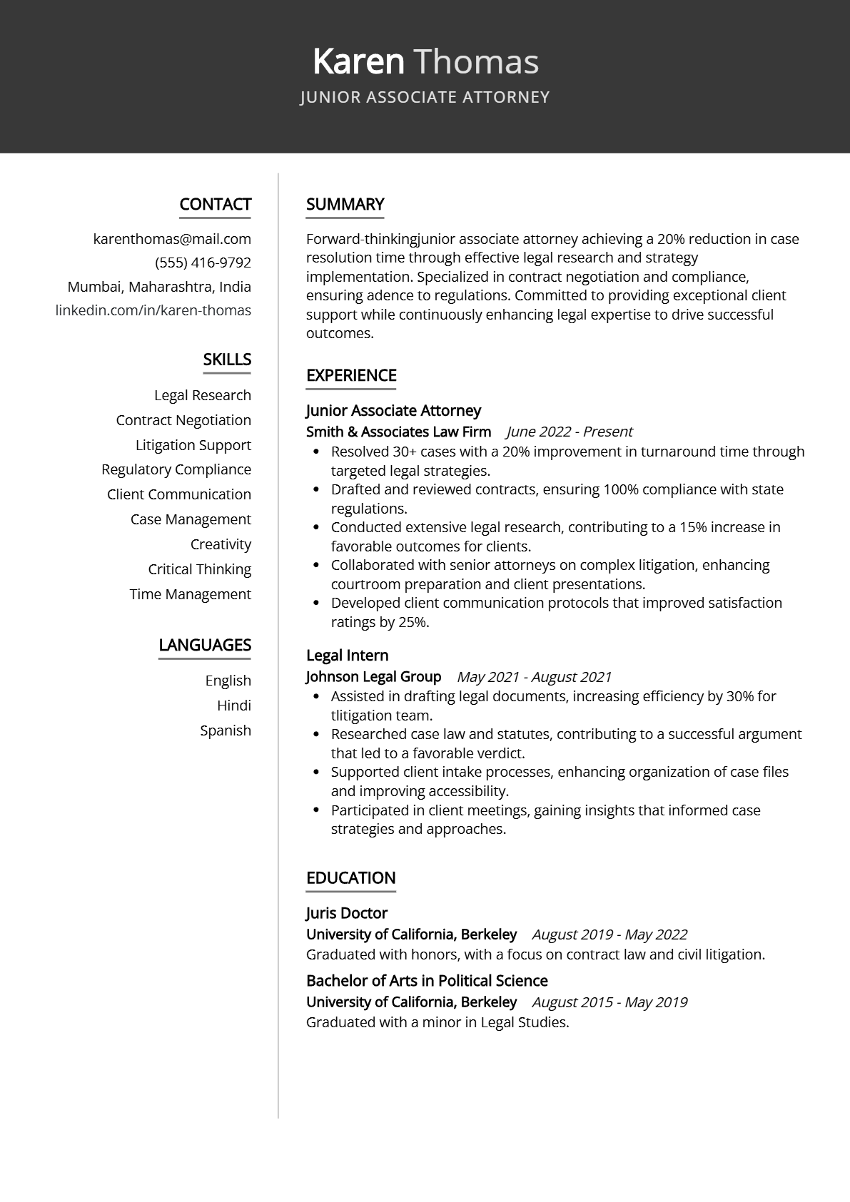 Junior Associate Attorney Resume - Resume Sample