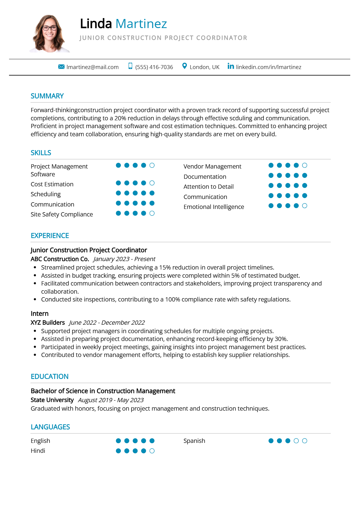 Junior Construction Project Coordinator Resume - Resume Sample